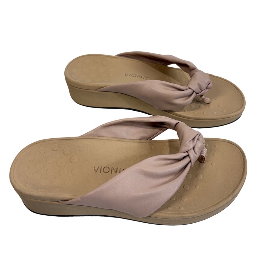 Vionic Rosalind Tan Leather Knotted Platform Thong Sandals Womens 9 Wide TVW5476